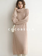 COCOBELLA Shimmer Ribbed High Neck H Line Natural Waist Office Knit Dresses
