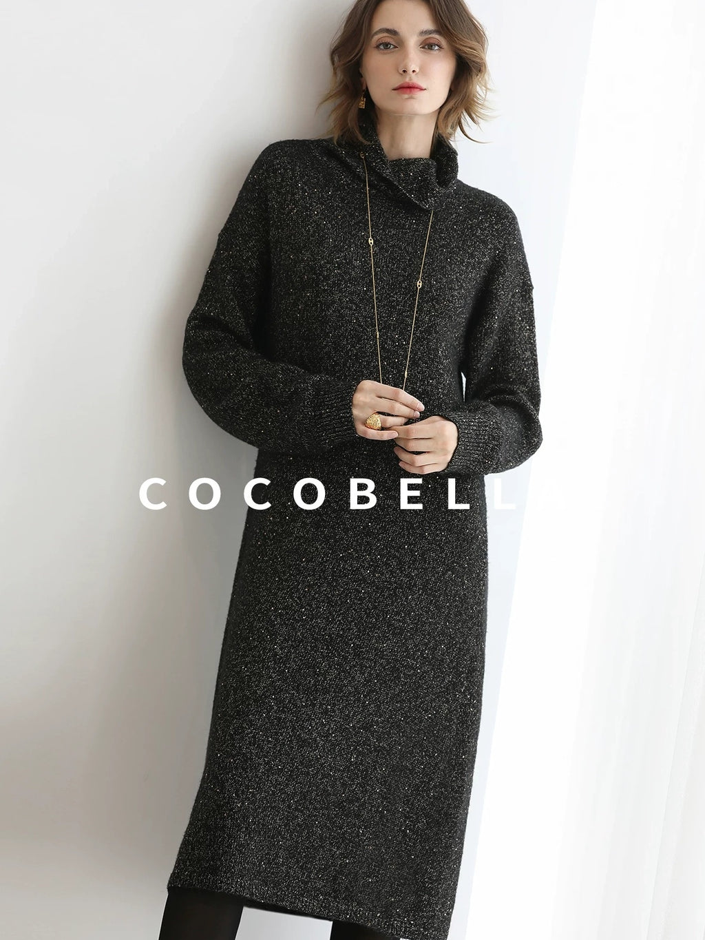 COCOBELLA Shimmer Ribbed High Neck H Line Natural Waist Office Knit Dresses