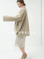 COCOBELLA Shimmer Sequin Mesh Elegant Straight Mid Waist Women Office Beige Skirts