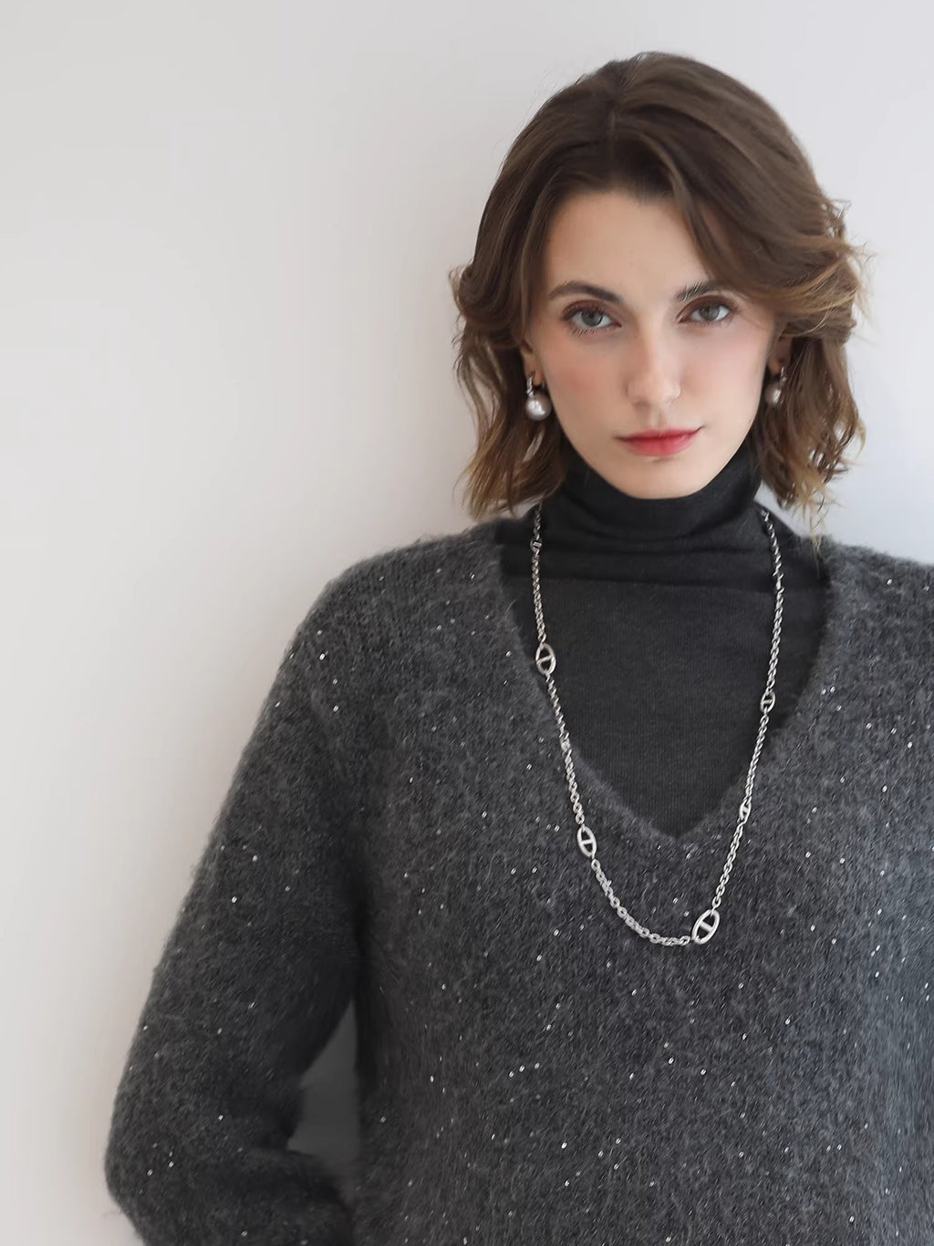 Shimmer Sequin Straight Cut Office V Neck Knit Classic Sweater