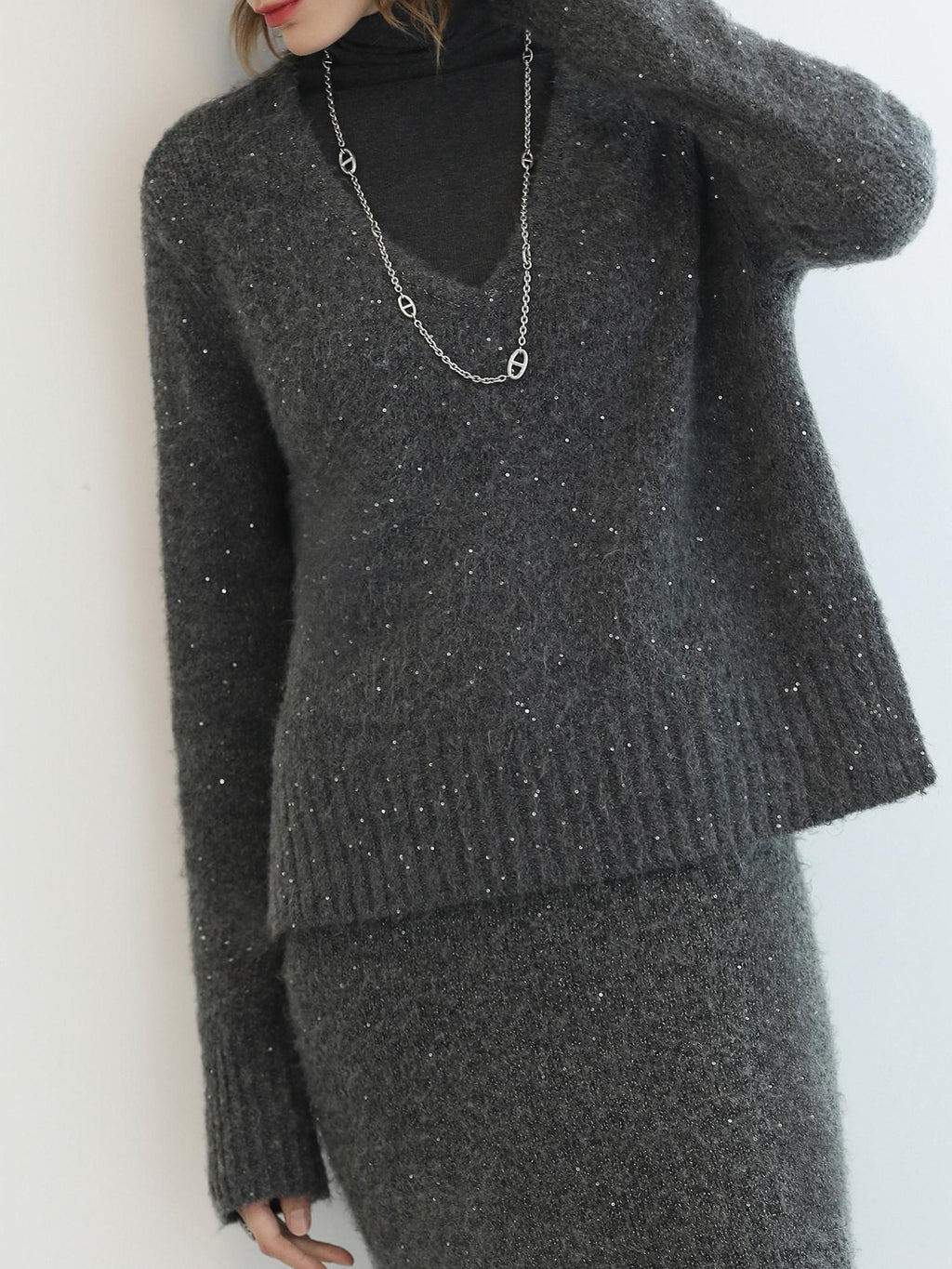 Shimmer Sequin Straight Cut Office V Neck Knit Classic Sweater