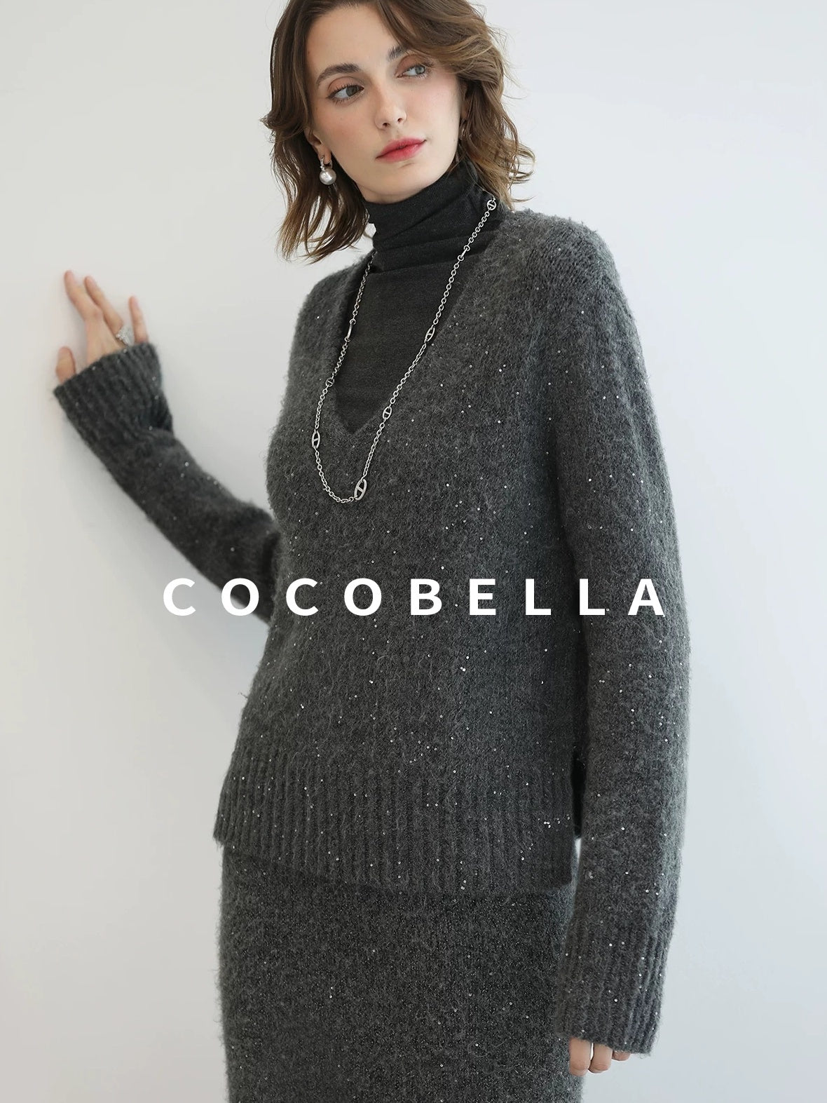 Shimmer Sequin Straight Cut Office V Neck Knit Classic Sweater