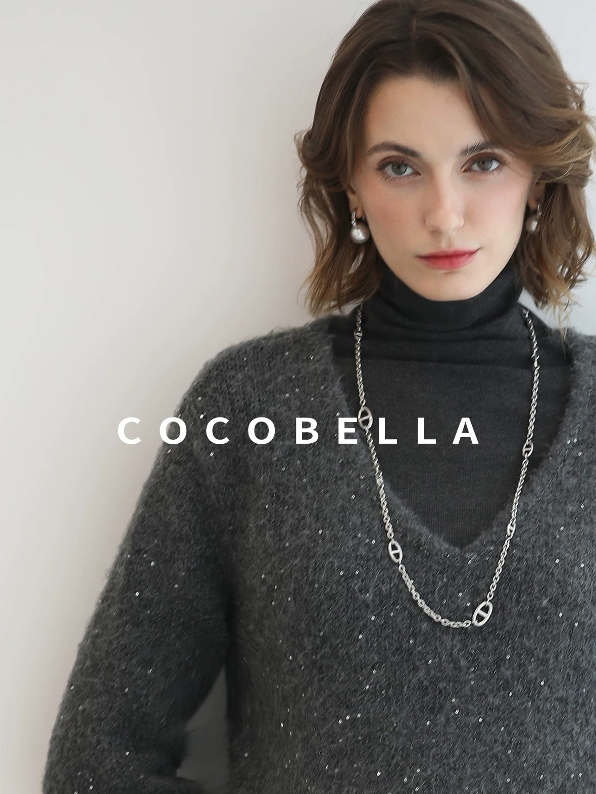 Shimmer Sequin Straight Cut Office V Neck Knit Classic Sweater