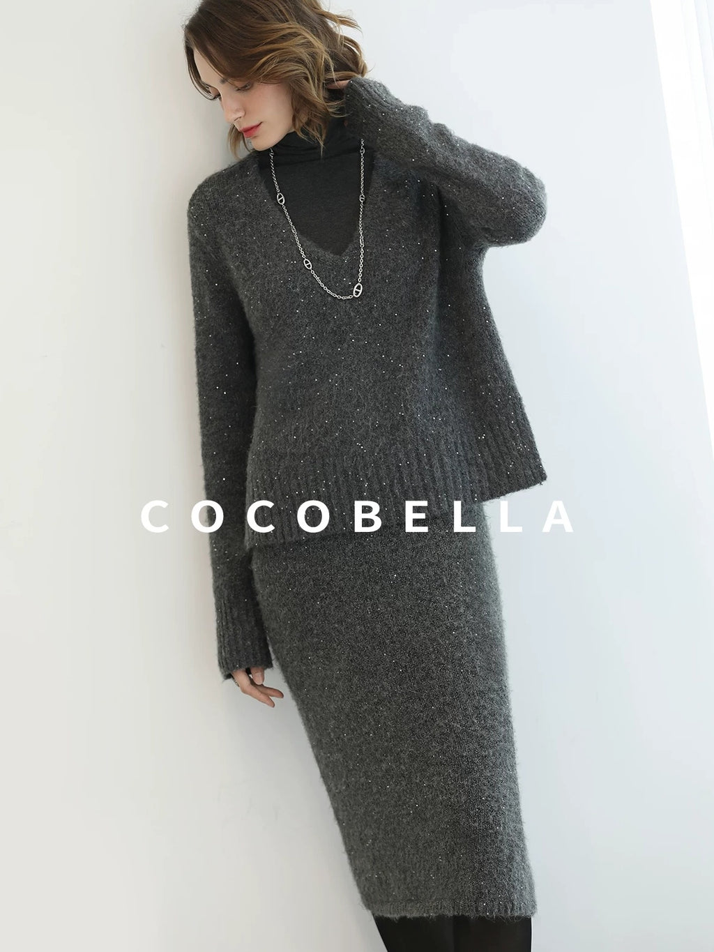 Shimmer Sequin Straight Cut Office V Neck Knit Classic Sweater