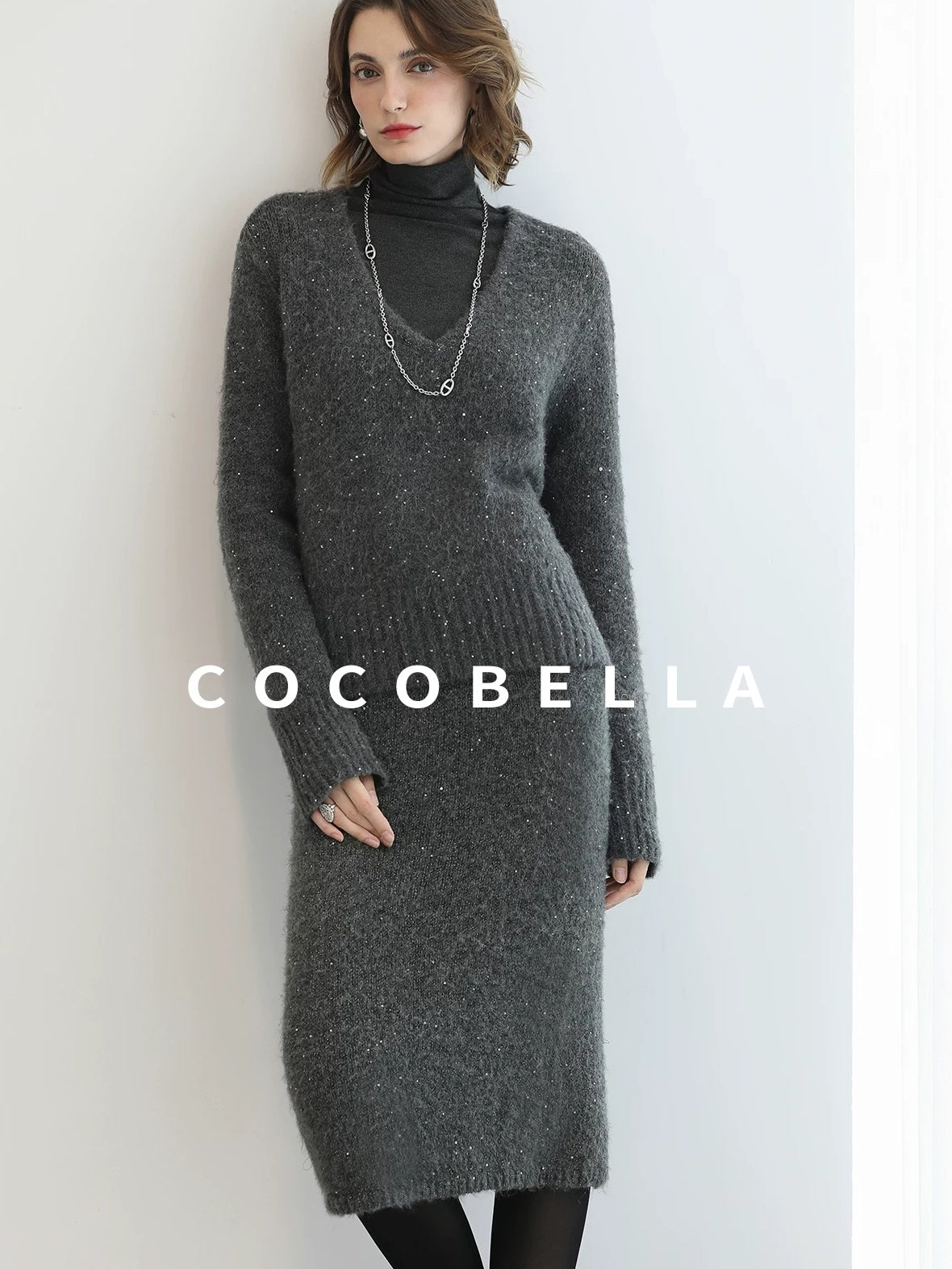 Shimmer Sequin Straight Cut Office V Neck Knit Classic Sweater