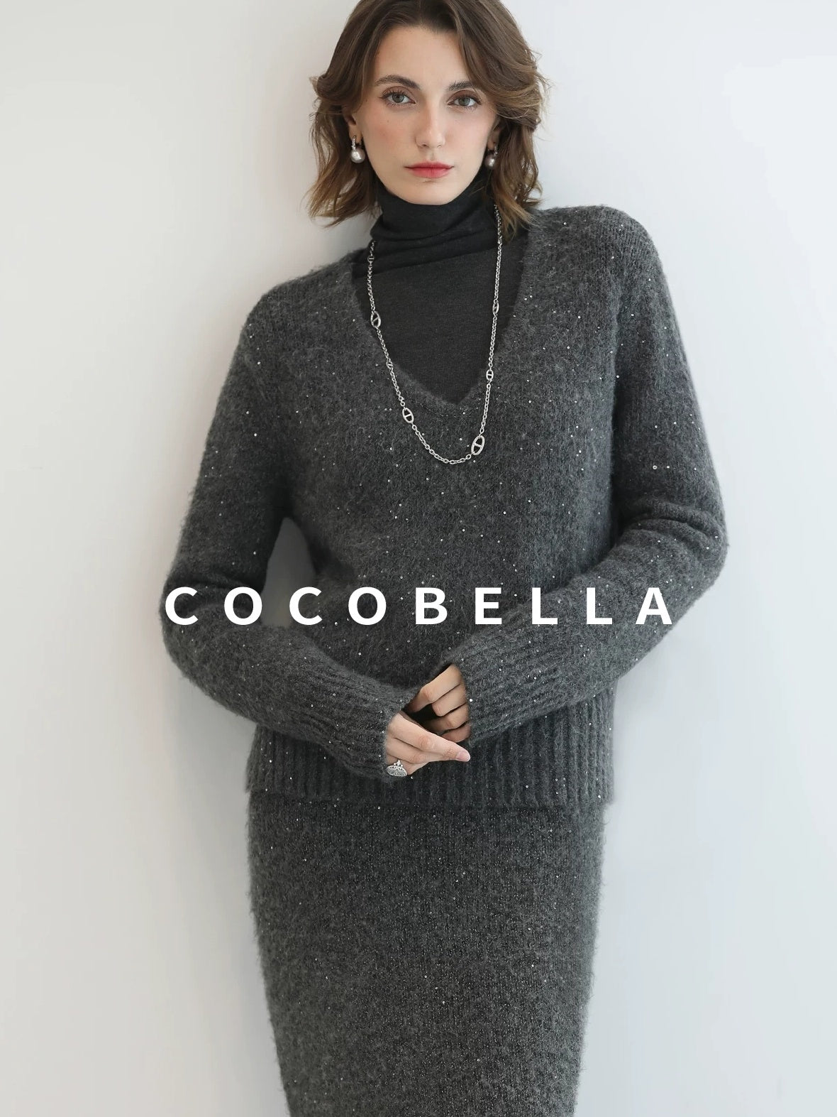 Shimmer Sequin Straight Cut Office V Neck Knit Classic Sweater
