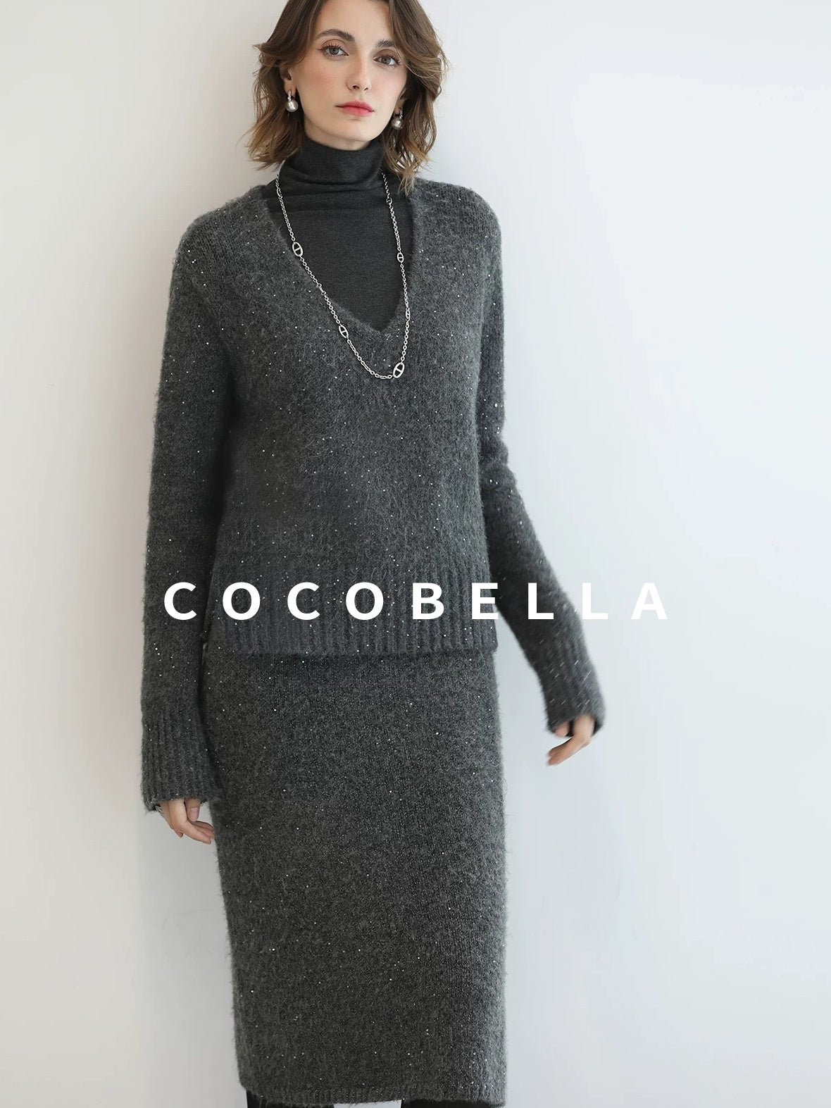 Shimmer Sequin Straight Cut Office V Neck Knit Classic Sweater