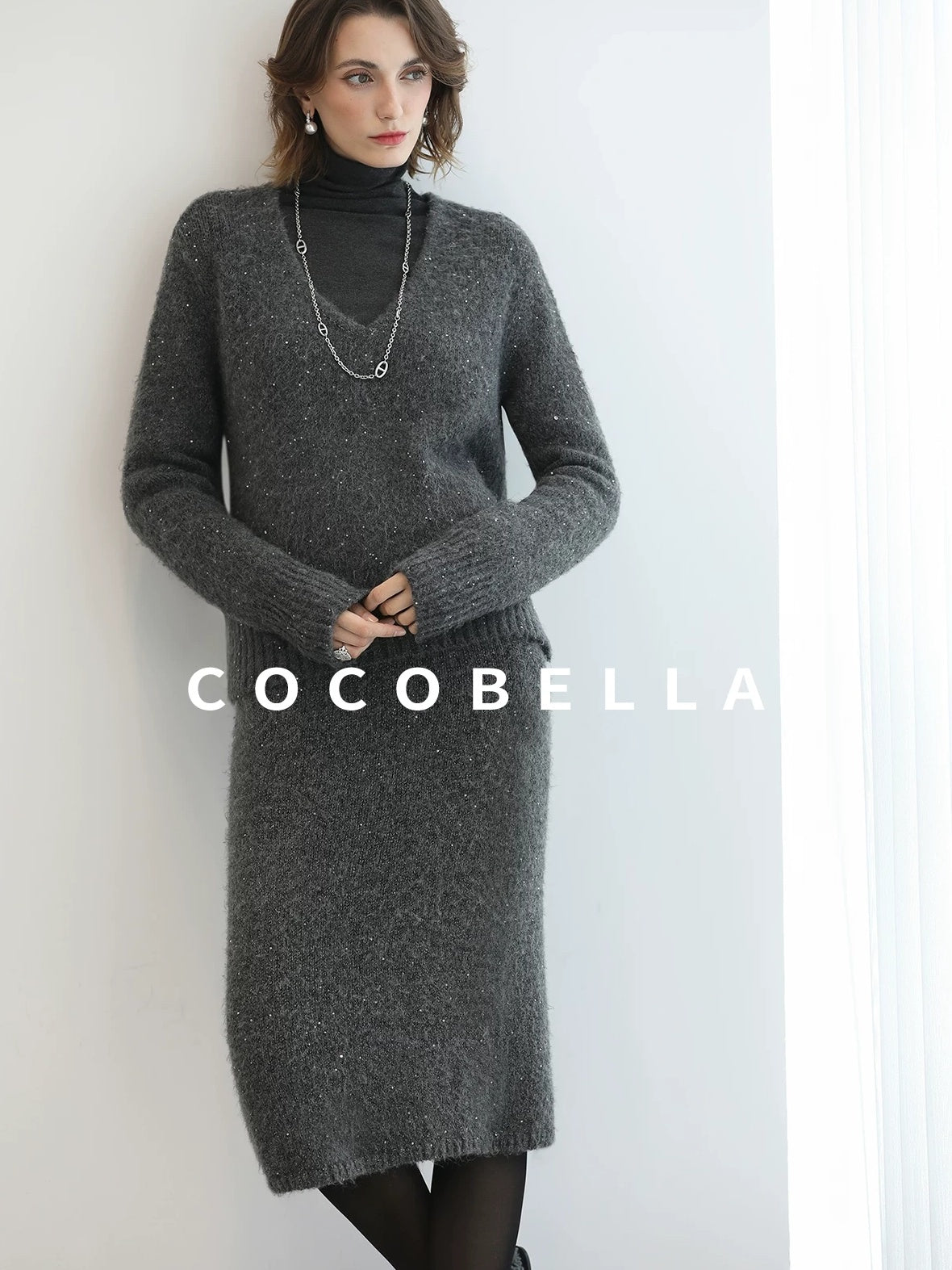 Shimmer Sequin Straight Cut Office V Neck Knit Classic Sweater