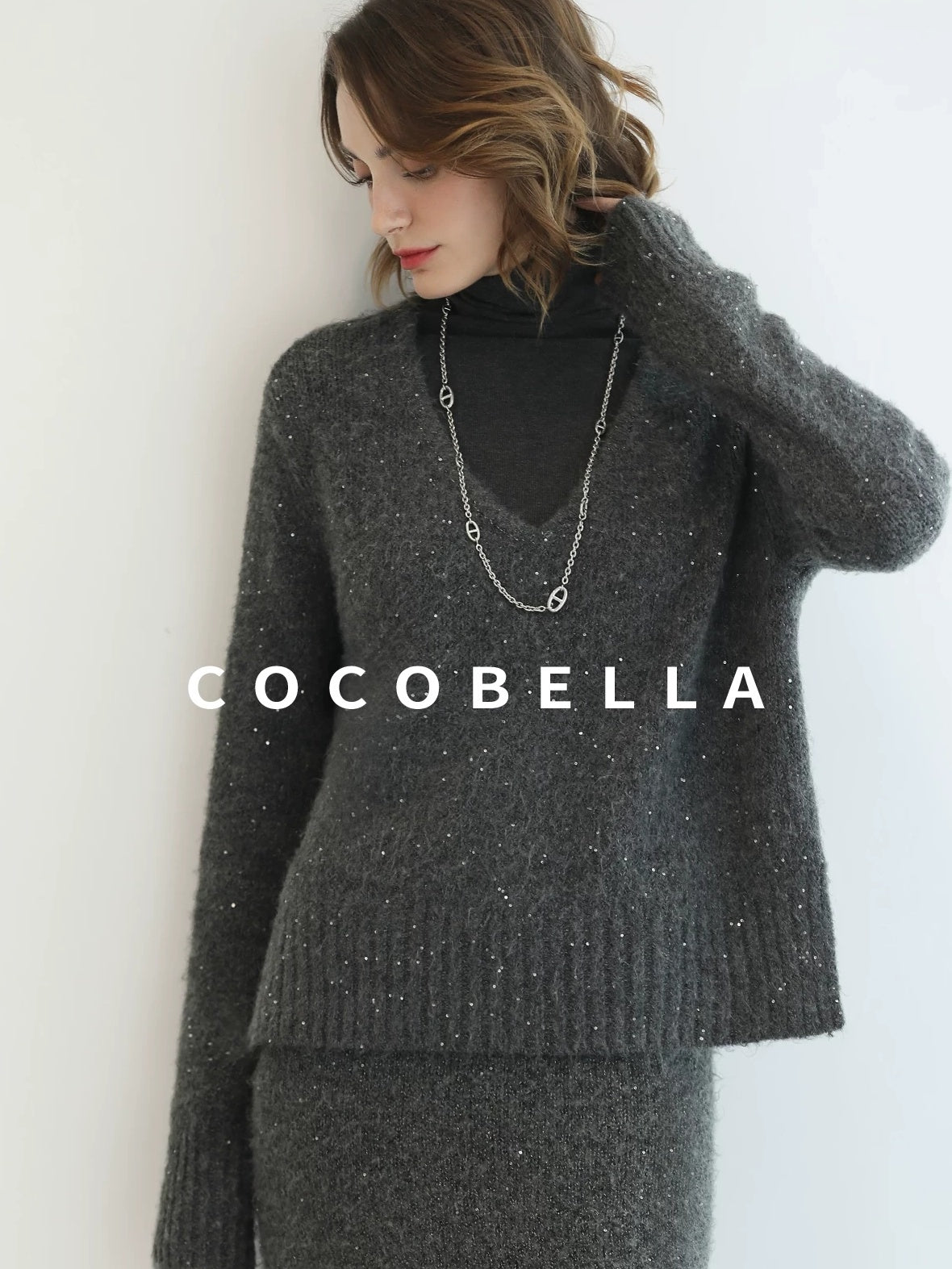 Shimmer Sequin Straight Cut Office V Neck Knit Classic Sweater