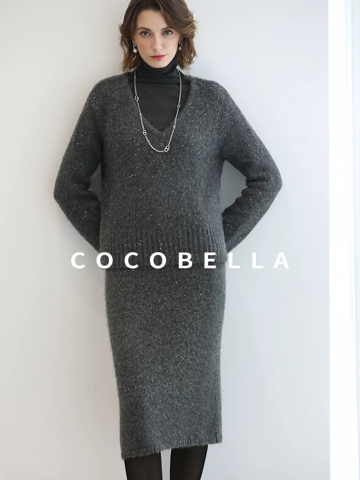 Shimmer Sequin Straight Cut Office V Neck Knit Classic Sweater