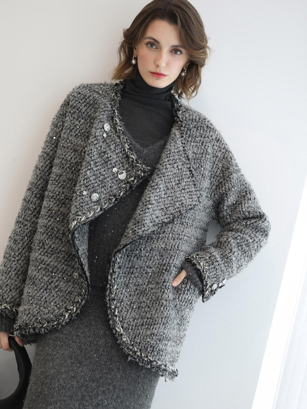Shimmer Sequin Straight Cut Office V Neck Knit Classic Sweater