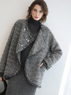 Shimmer Sequin Straight Cut Office V Neck Knit Classic Sweater