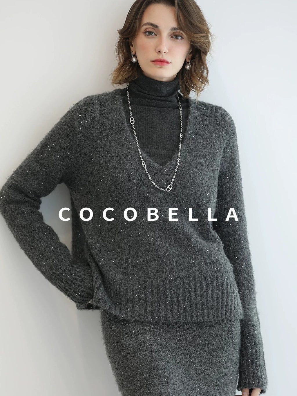 Shimmer Sequin Straight Cut Office V Neck Knit Classic Sweater