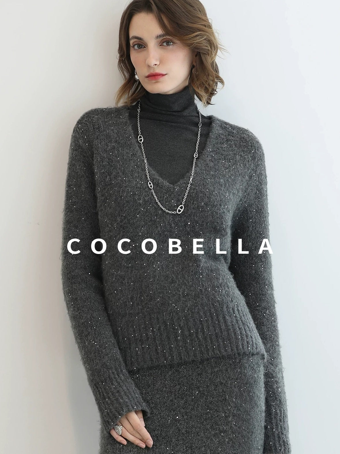 Shimmer Sequin Straight Cut Office V Neck Knit Classic Sweater