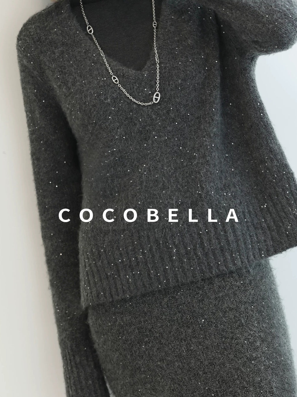 Shimmer Sequin Straight Cut Office V Neck Knit Classic Sweater