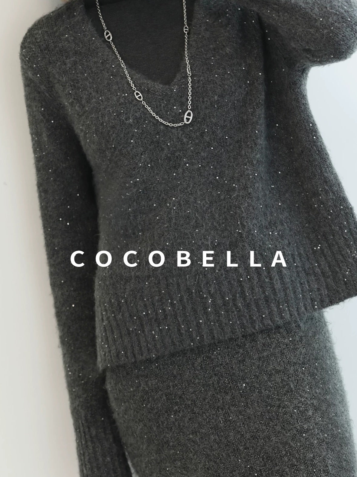 Shimmer Sequin Straight Cut Office V Neck Knit Classic Sweater