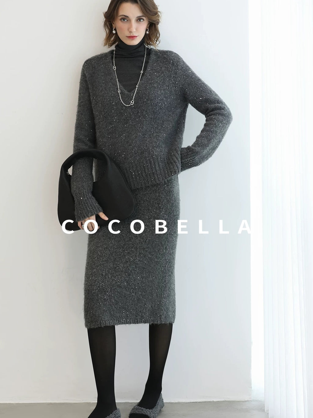 Shimmer Sequin Straight Cut Office V Neck Knit Classic Sweater