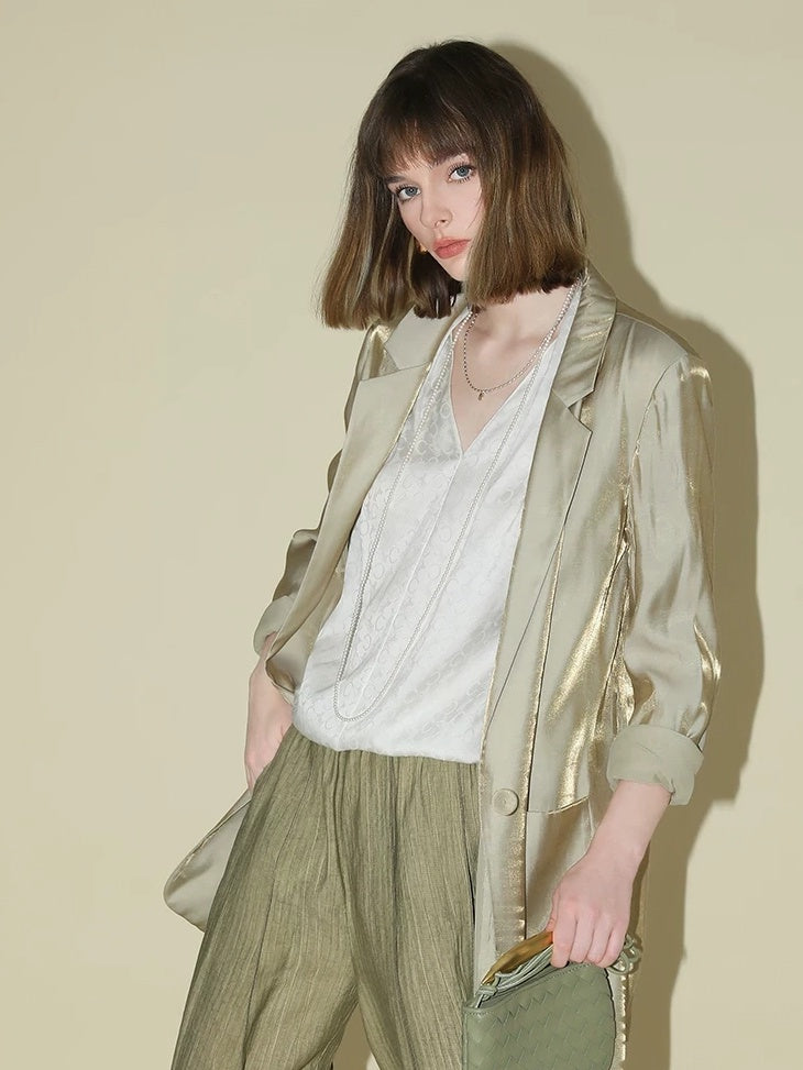 COCOBELLA Shimmery Viscose Blend Straight Fit Longline Pockets One Button Office Blazers