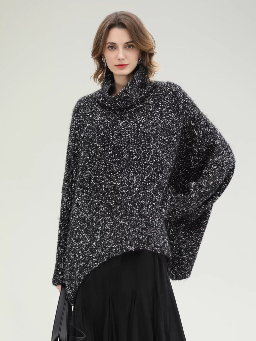 Shiny Fancy Yarn Knit Office Loose Fit Batwing Long Sleeve High Neck Dresses