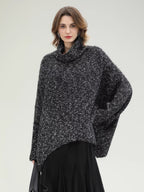 Shiny Fancy Yarn Knit Office Loose Fit Batwing Long Sleeve High Neck Dresses