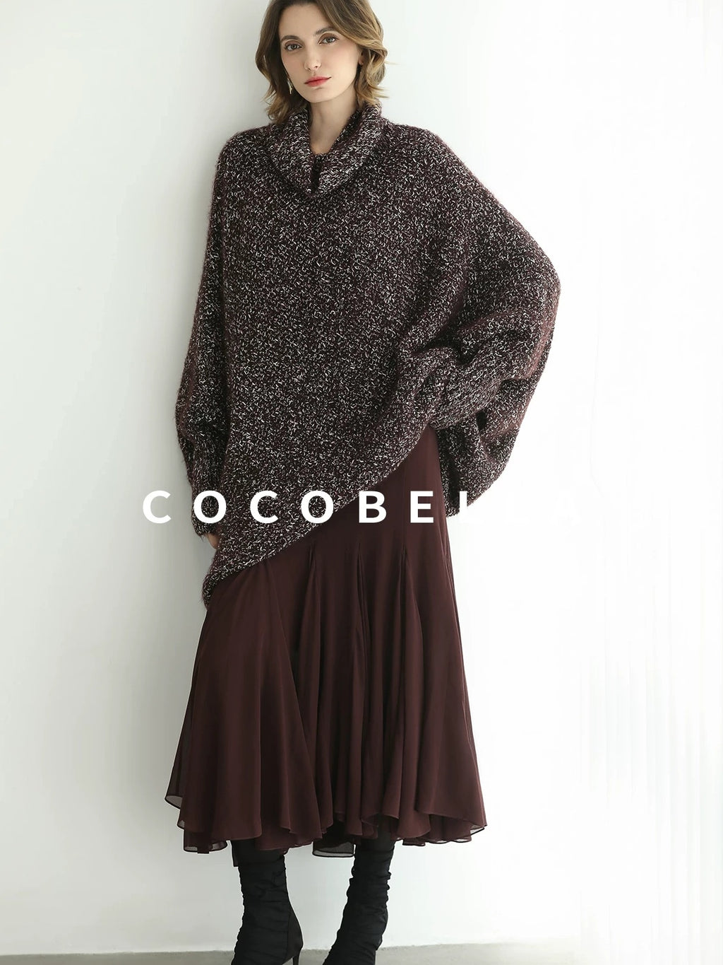 COCOBELLA Shiny Fancy Yarn Knit Office Loose Fit Batwing Long Sleeve High Neck Dresses