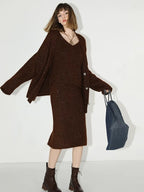 COCOBELLA Shiny Sequin Mid Waist Pencil Knit H Line Ladylike Work Women Caramel Skirts