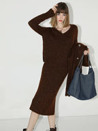COCOBELLA Shiny Sequin Mid Waist Pencil Knit H Line Ladylike Work Women Caramel Skirts