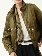 COCOBELLA Short Urban Street Stand Collar Zipper Buttons Pockets Solid Padded Jackets
