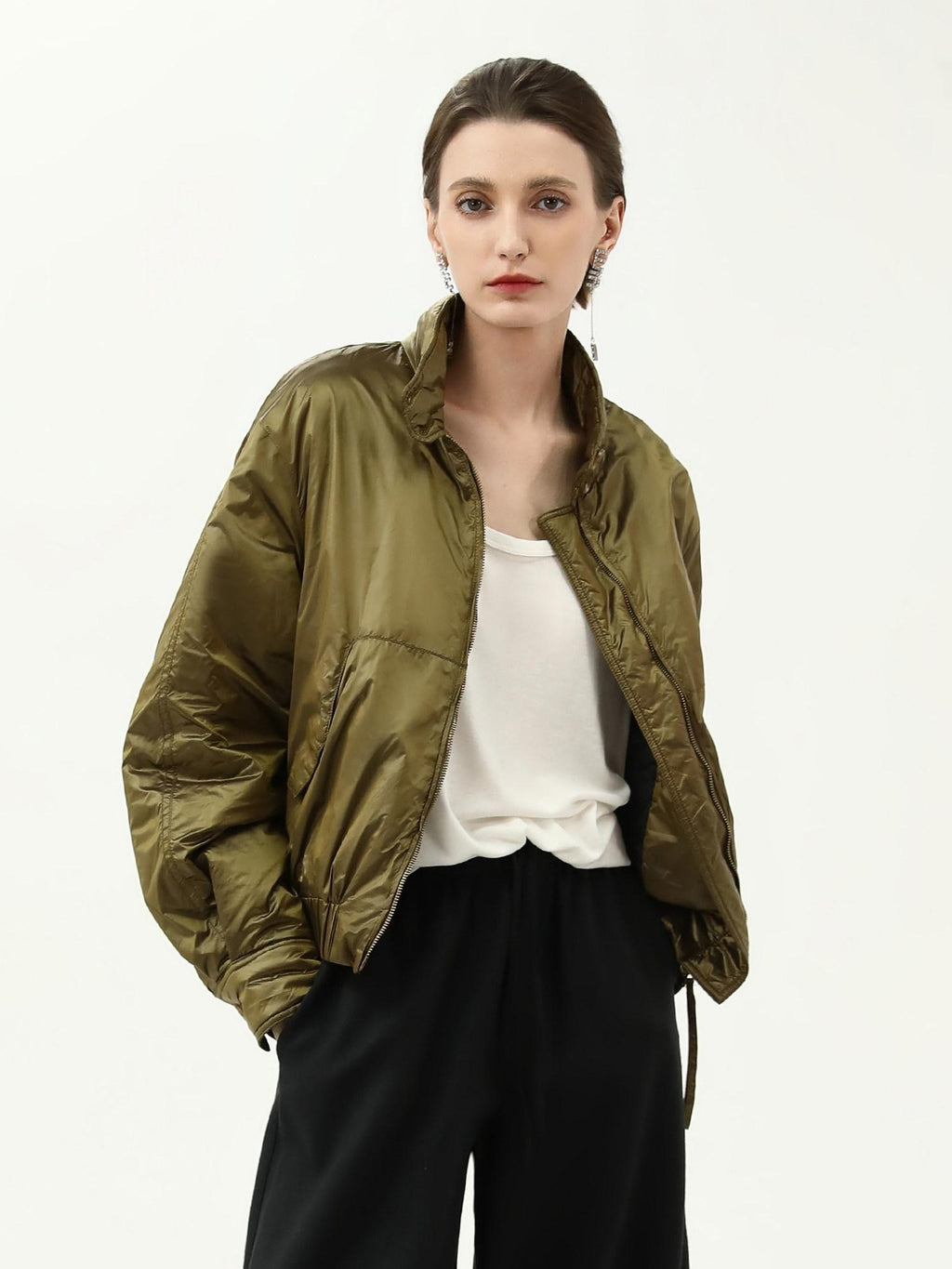 COCOBELLA Short Urban Street Stand Collar Zipper Buttons Pockets Solid Padded Jackets