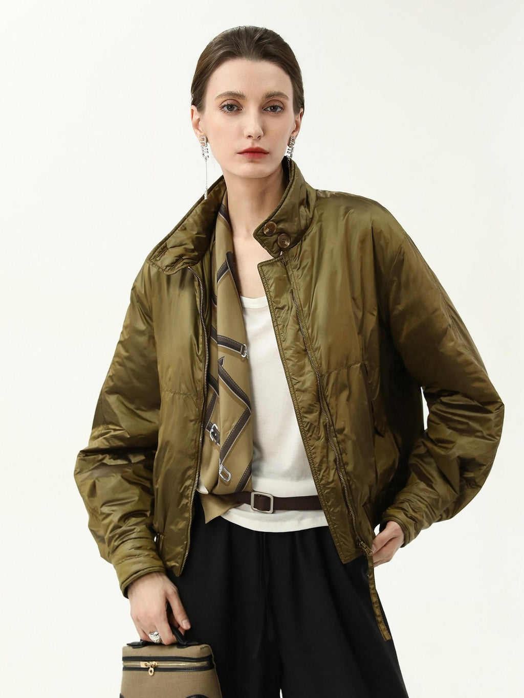 COCOBELLA Short Urban Street Stand Collar Zipper Buttons Pockets Solid Padded Jackets