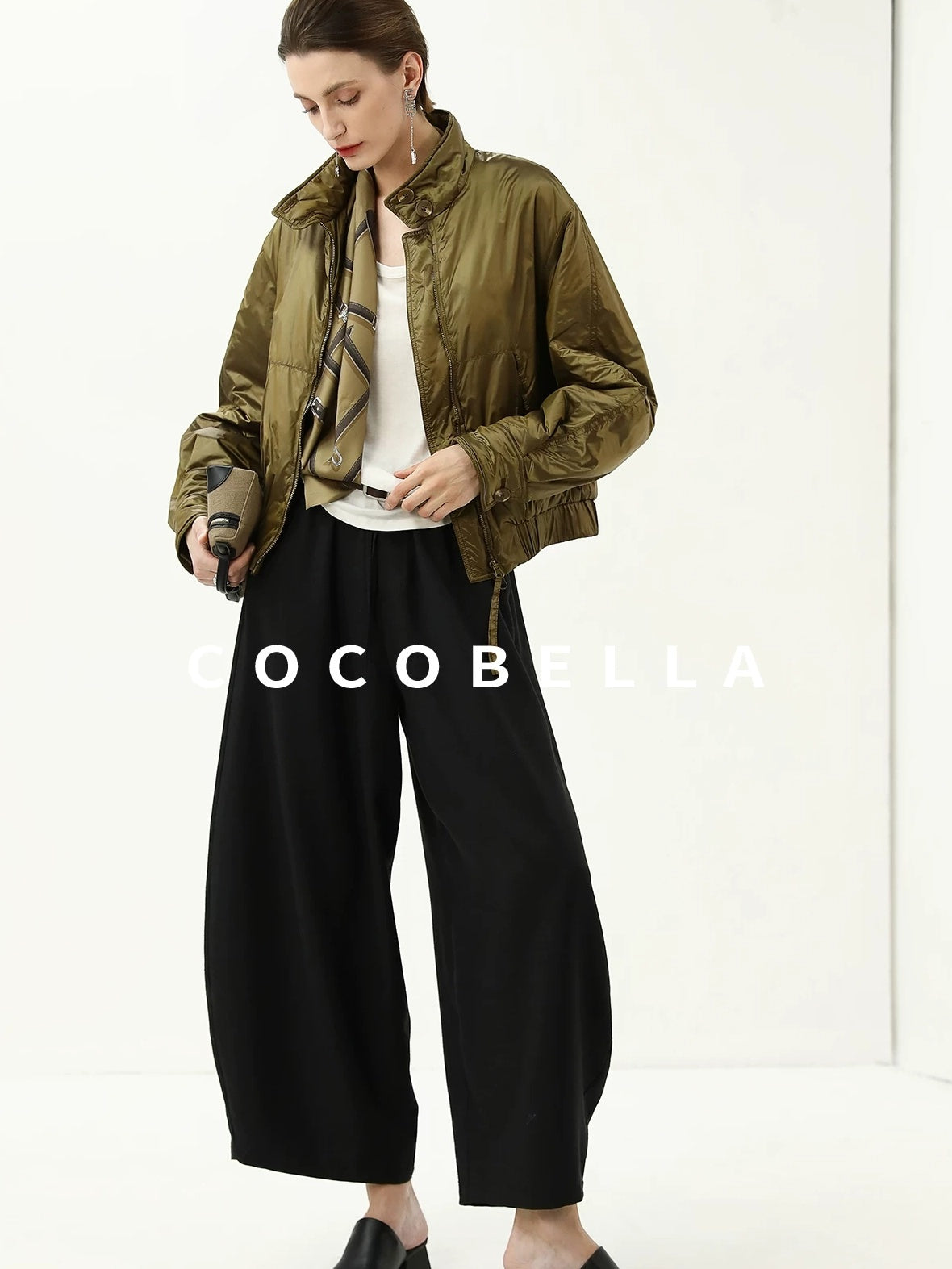 COCOBELLA Short Urban Street Stand Collar Zipper Buttons Pockets Solid Padded Jackets