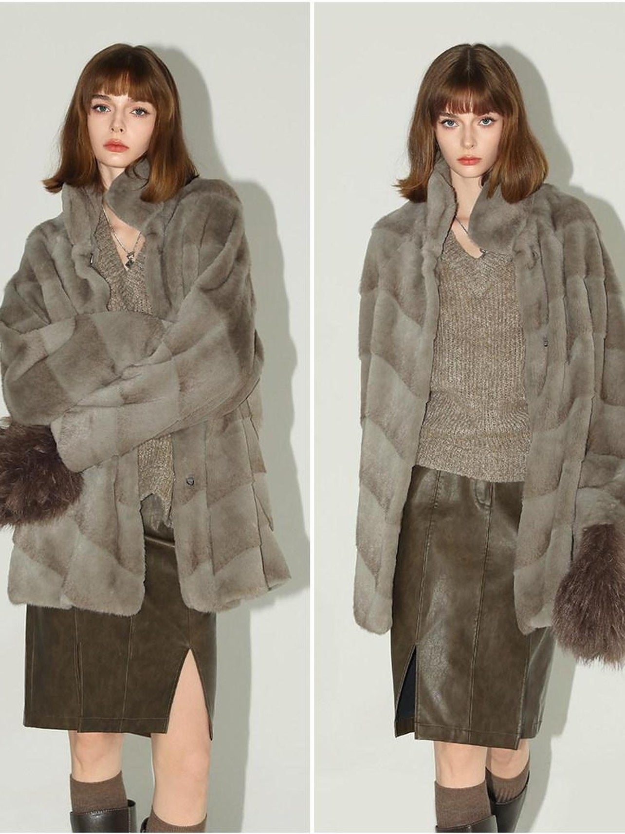 COCOBELLA Silver Blue Faux Fur Mid Length Stand Collar Loose Fit Ladylike Coats