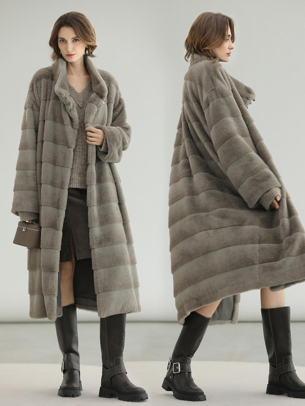 COCOBELLA Silver Blue Premium Faux Fur Straight Longline Long Sleeve Women Workwear Coats