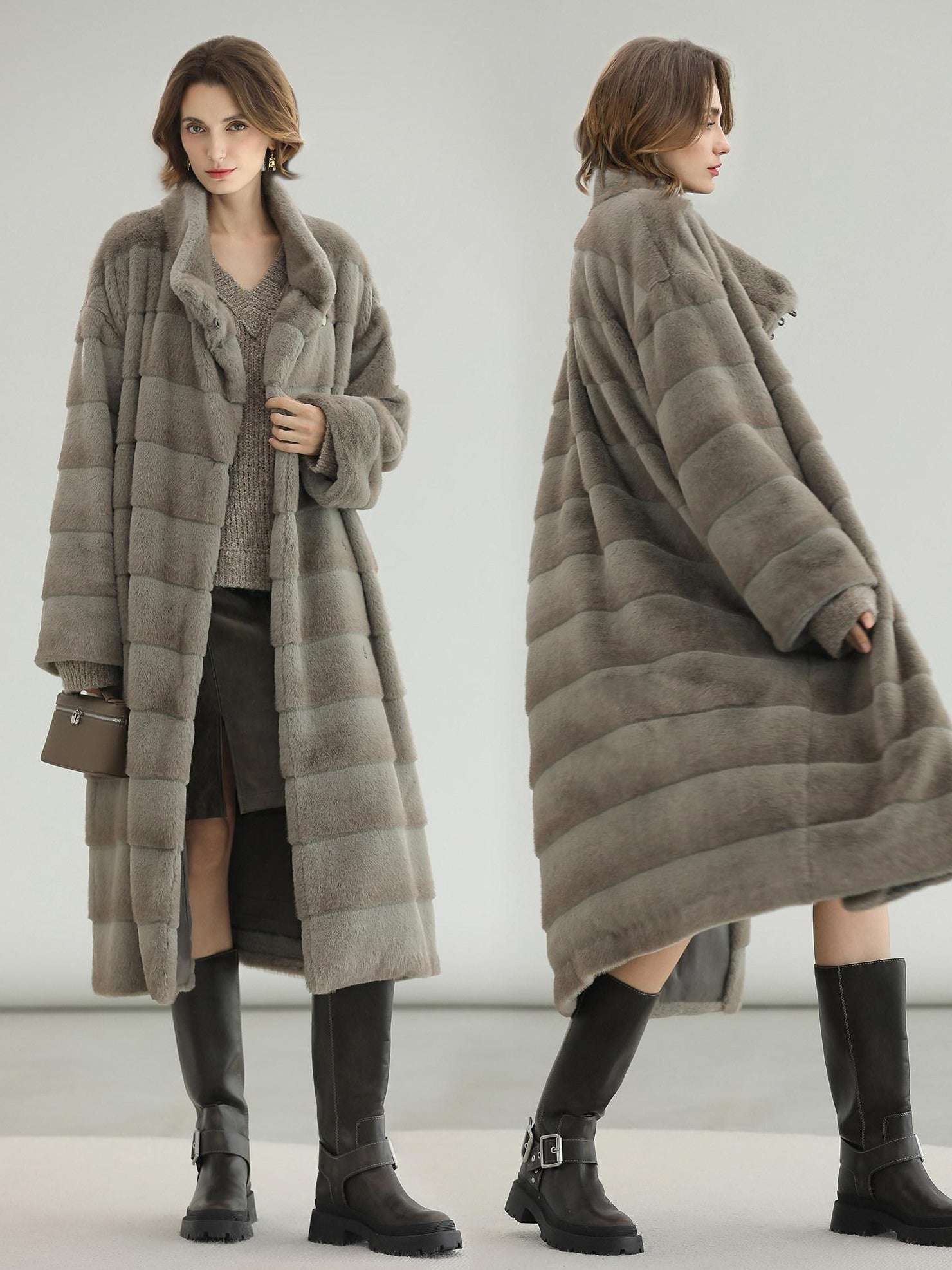 COCOBELLA Silver Blue Premium Faux Fur Straight Longline Long Sleeve Women Workwear Coats
