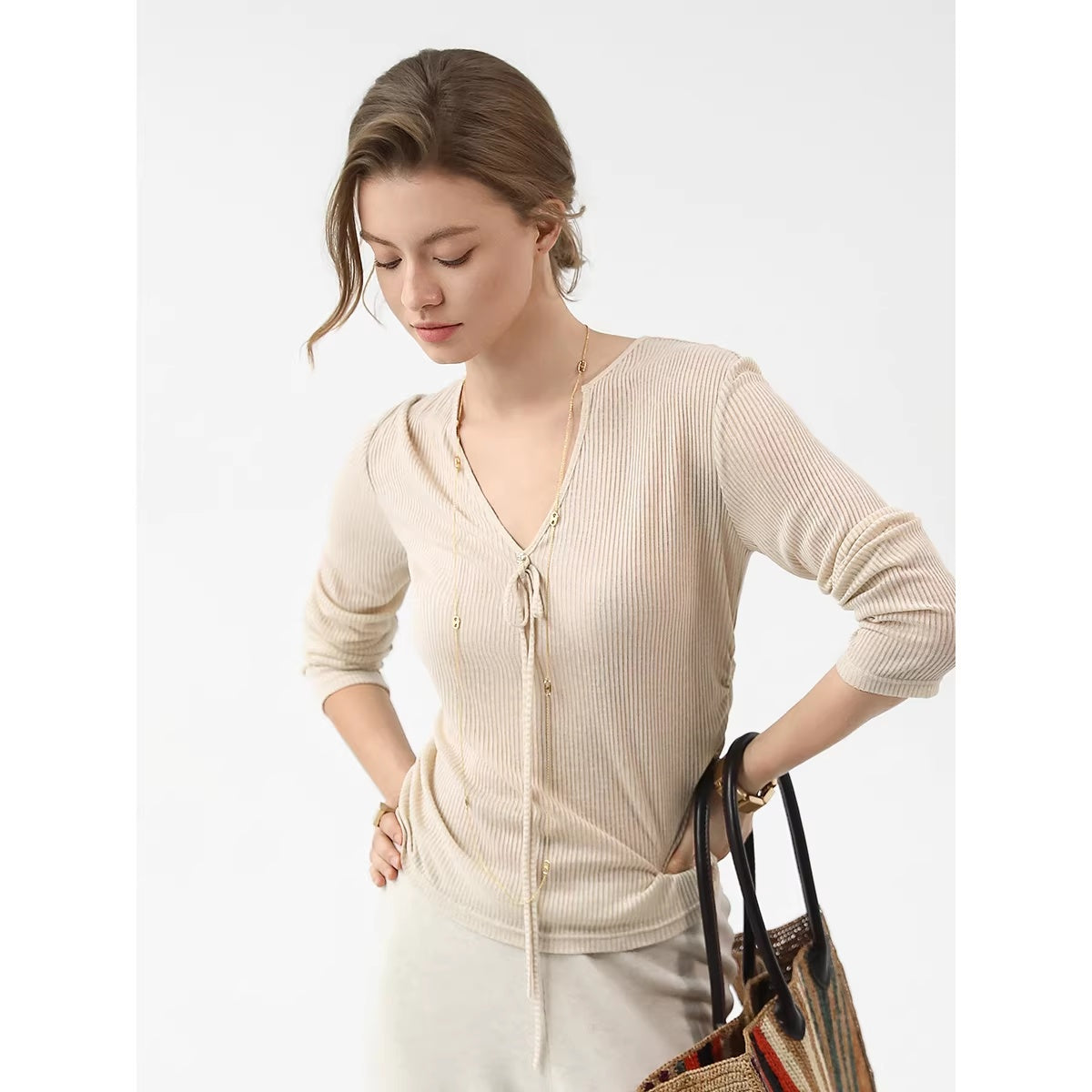COCOBELLA_Skin_Friendly_Slim_V_Neck_Long_Sleeve_Office_Workwear_Plain_T-Shirts_MISSTT