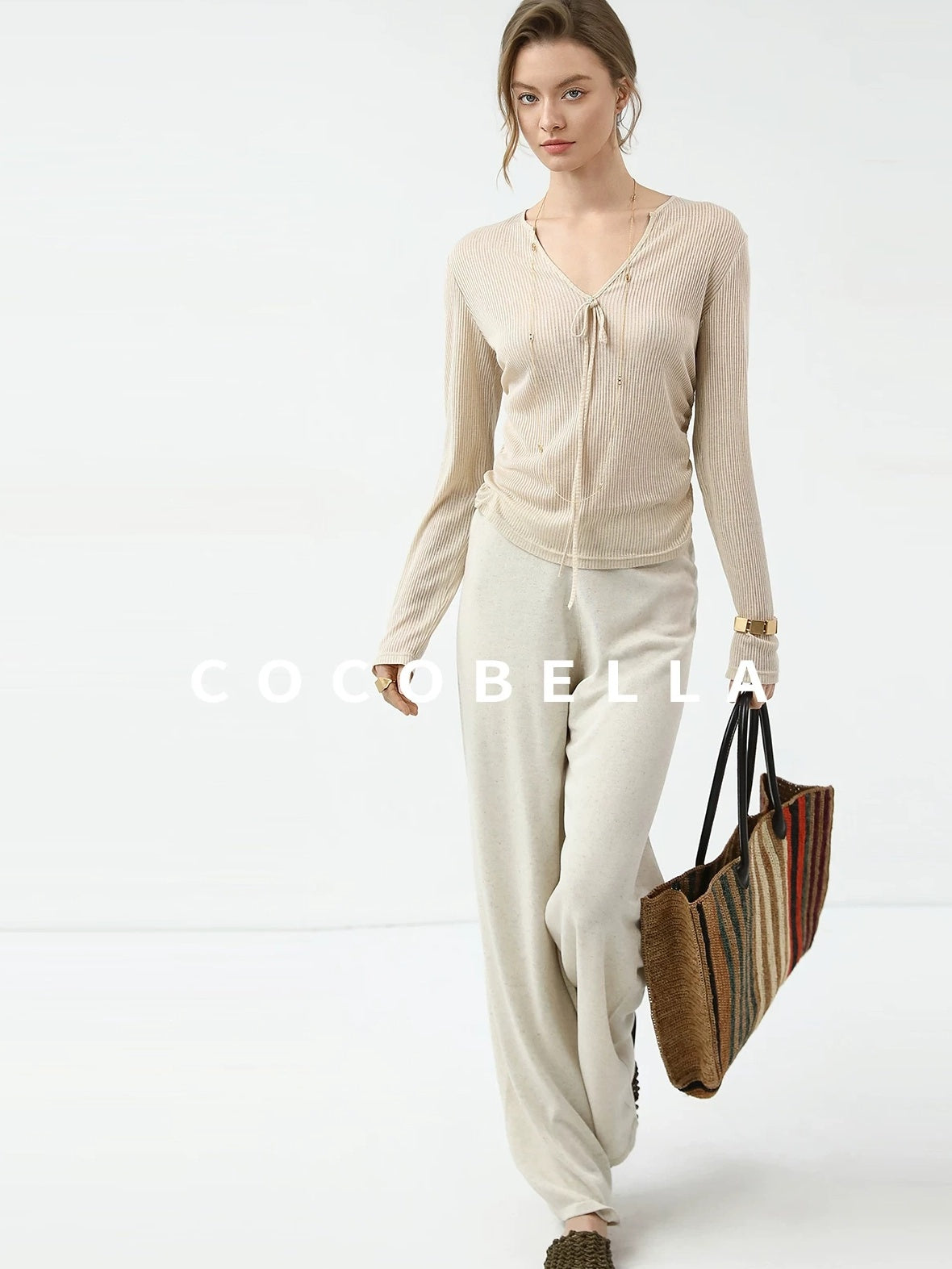 COCOBELLA Skin Friendly Slim V Neck Long Sleeve Office Workwear Plain T-Shirts