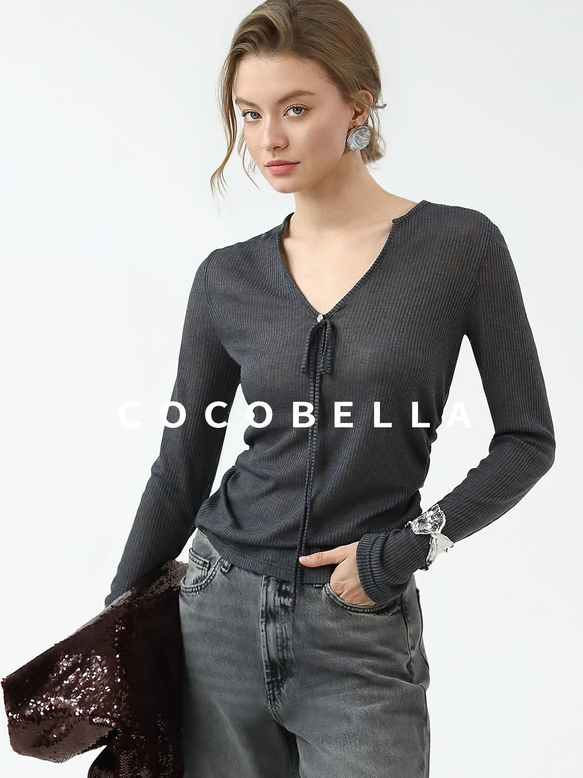 COCOBELLA Skin Friendly Slim V Neck Long Sleeve Office Workwear Plain T-Shirts