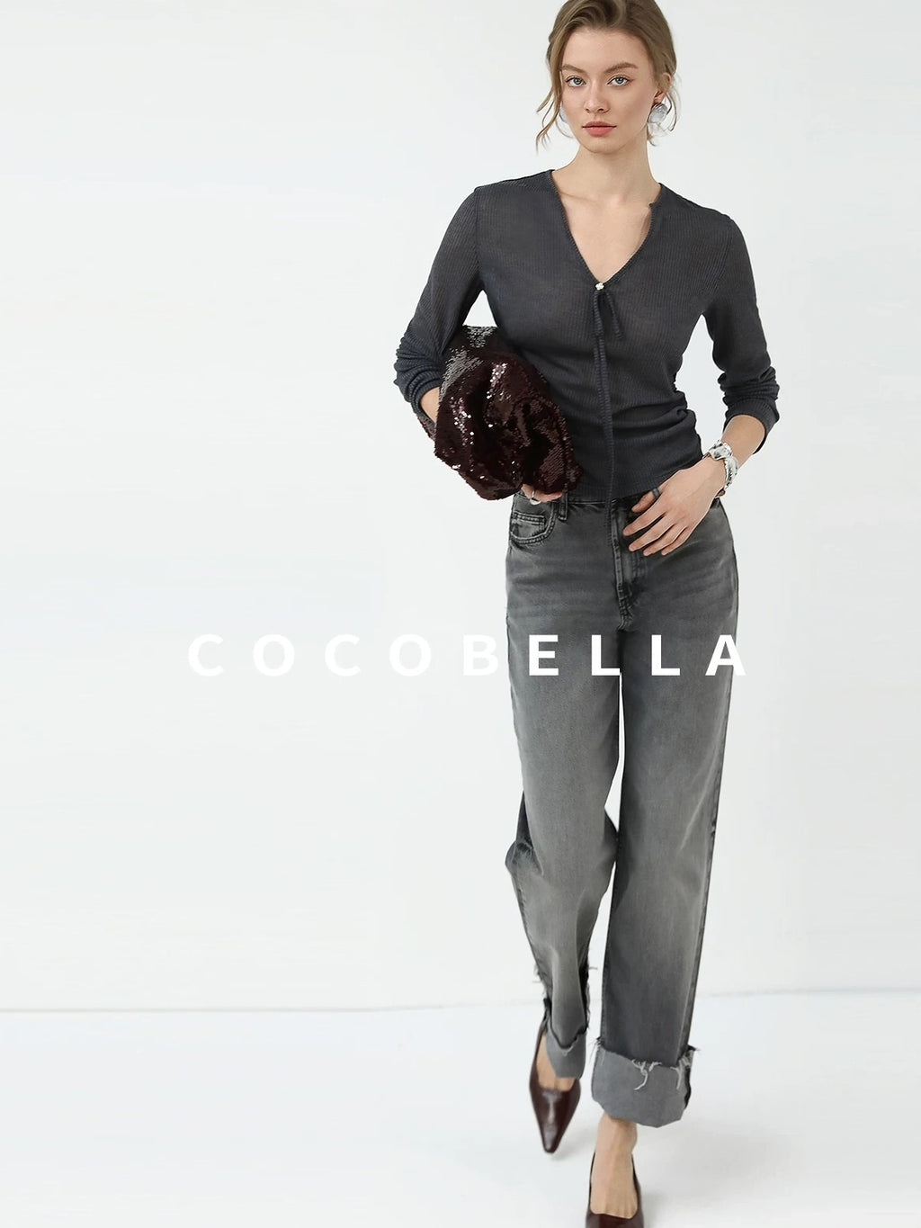 COCOBELLA Skin Friendly Slim V Neck Long Sleeve Office Workwear Plain T-Shirts