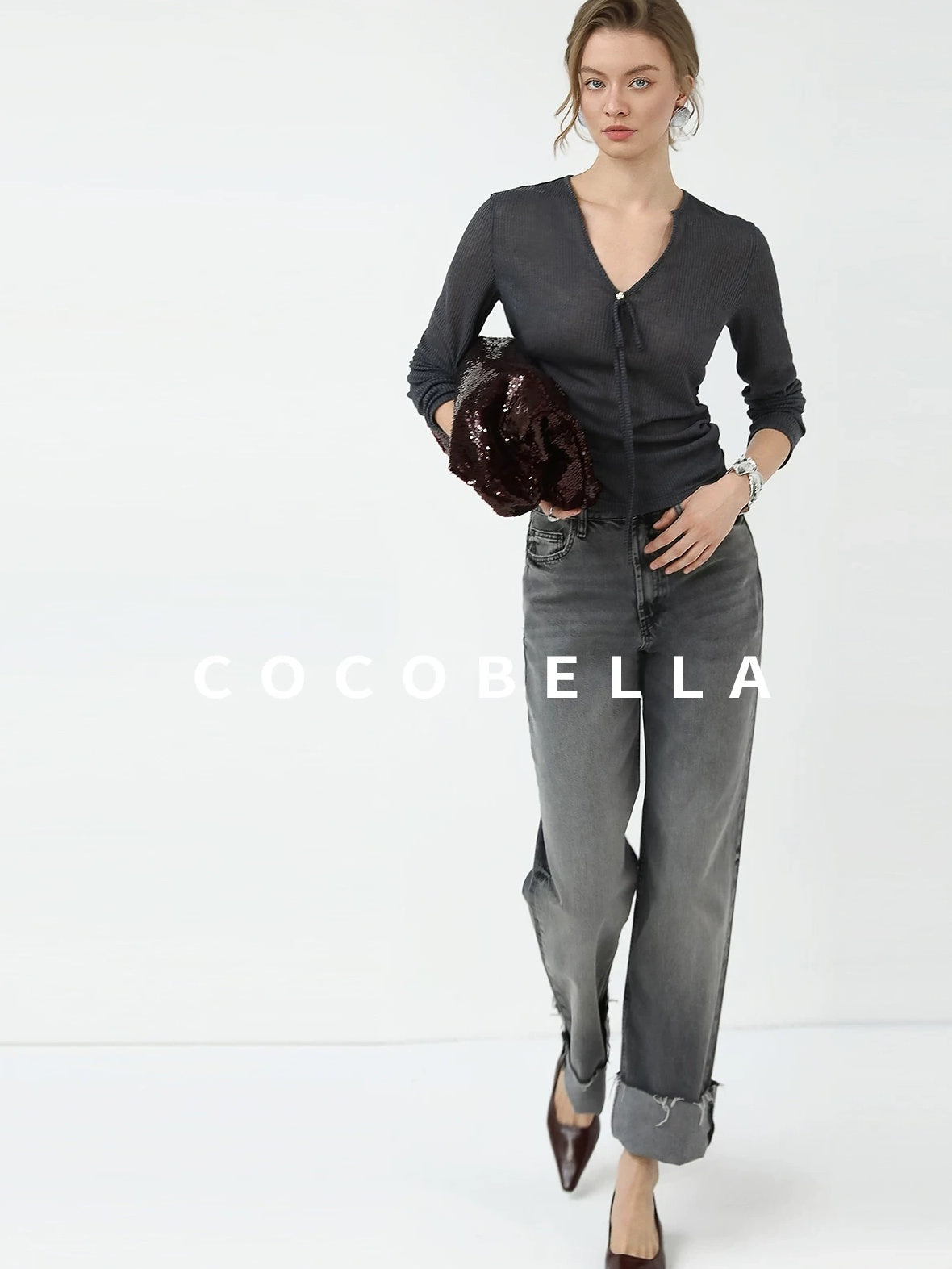 COCOBELLA Skin Friendly Slim V Neck Long Sleeve Office Workwear Plain T-Shirts