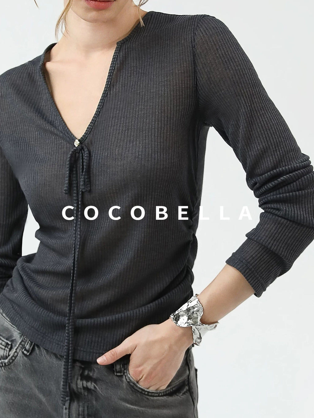 COCOBELLA Skin Friendly Slim V Neck Long Sleeve Office Workwear Plain T-Shirts