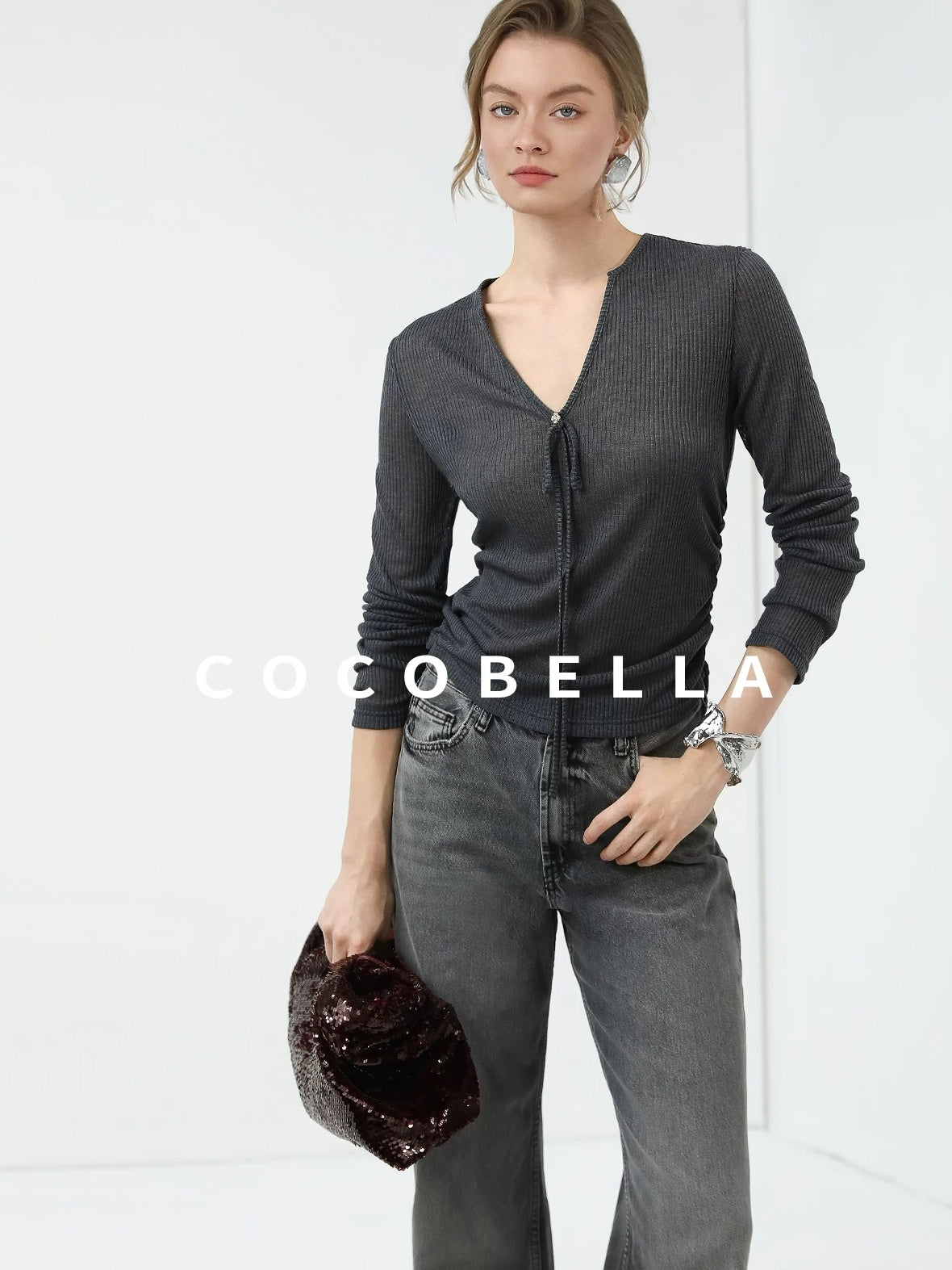 COCOBELLA Skin Friendly Slim V Neck Long Sleeve Office Workwear Plain T-Shirts