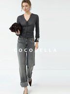 COCOBELLA Skin Friendly Slim V Neck Long Sleeve Office Workwear Plain T-Shirts