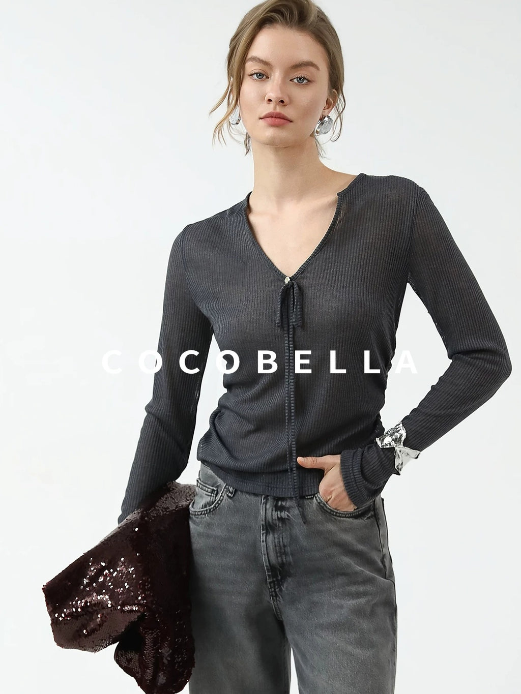 COCOBELLA Skin Friendly Slim V Neck Long Sleeve Office Workwear Plain T-Shirts