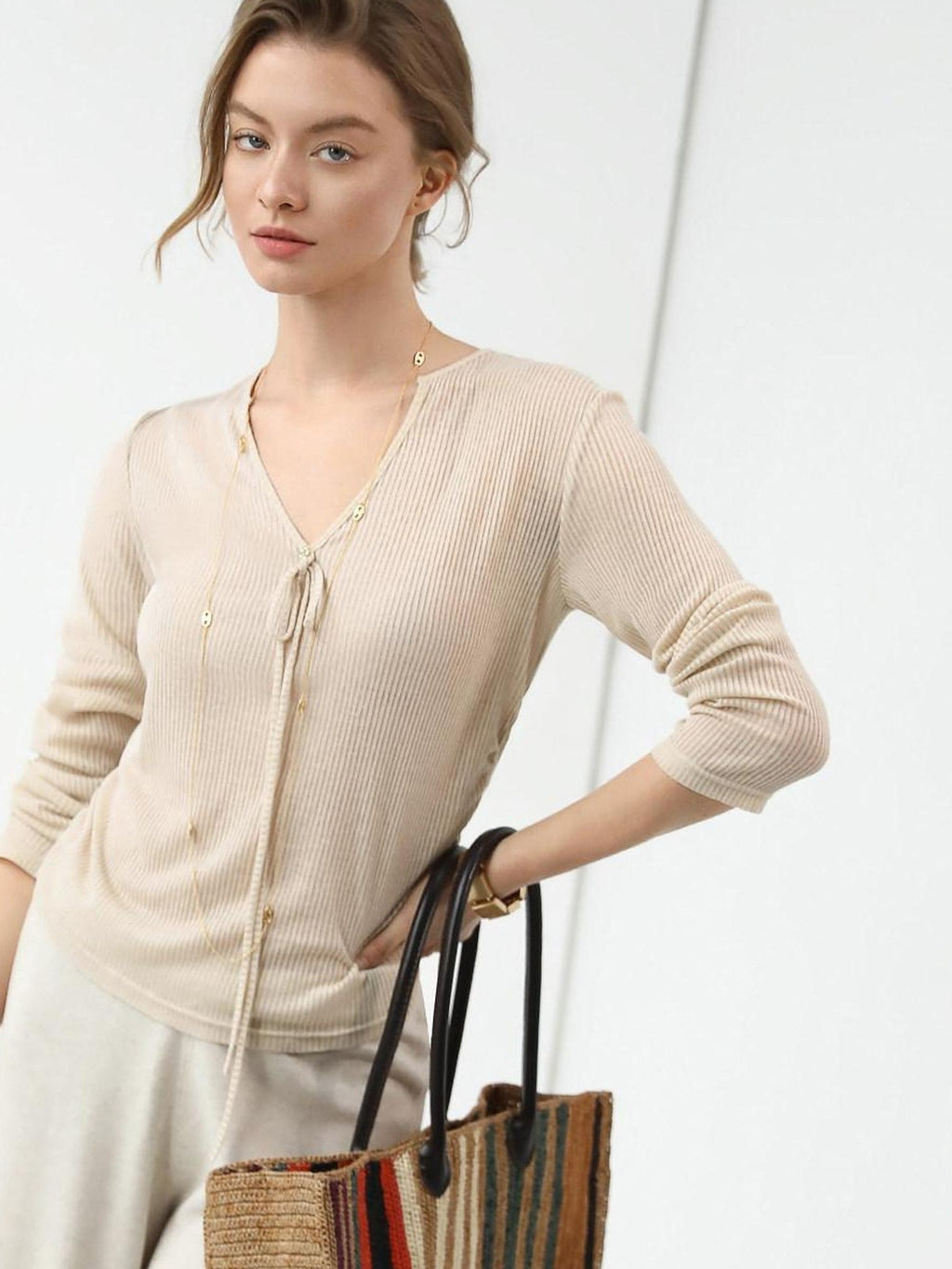COCOBELLA Skin Friendly Slim V Neck Long Sleeve Office Workwear Plain T-Shirts