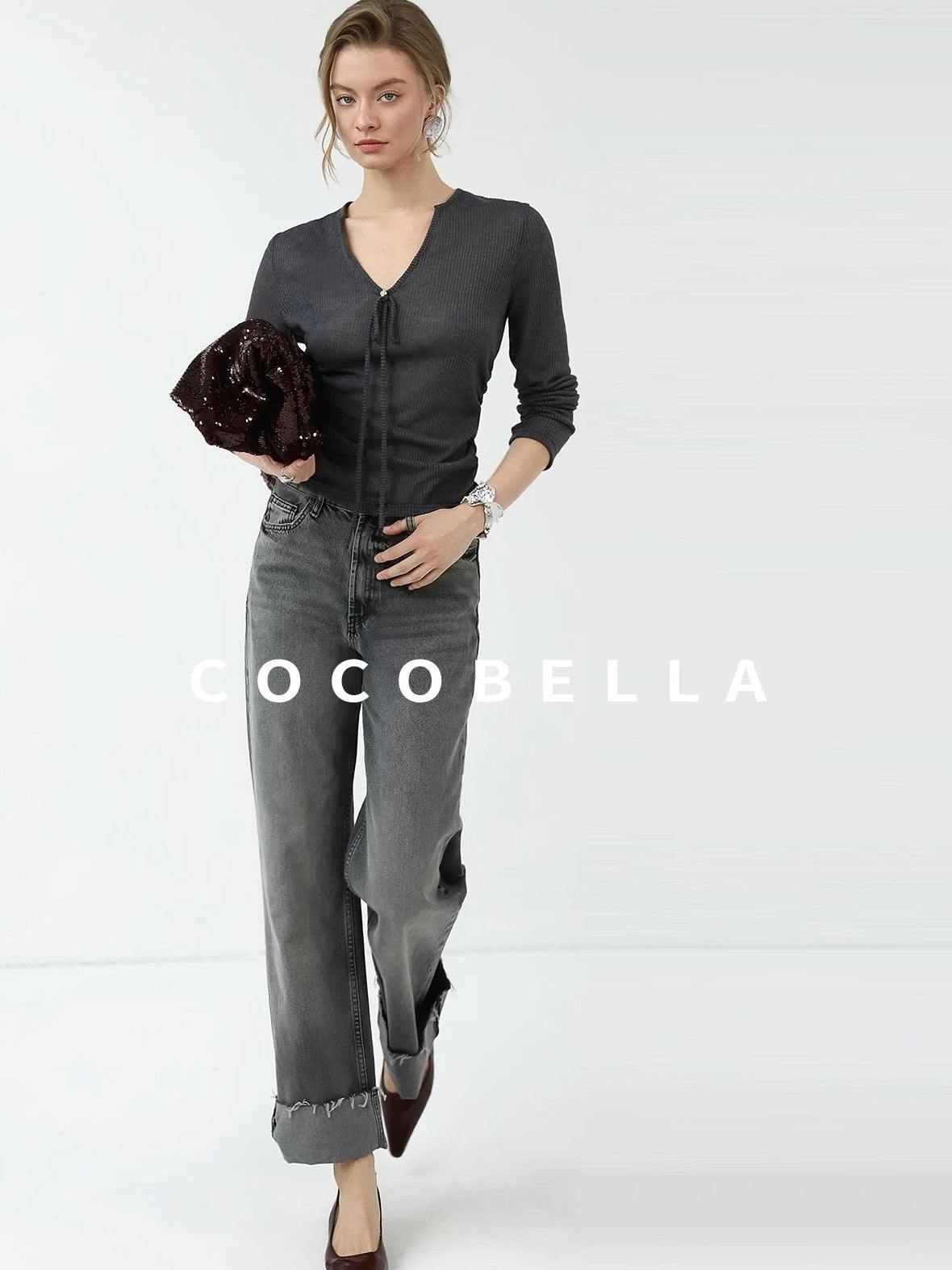 COCOBELLA Skin Friendly Slim V Neck Long Sleeve Office Workwear Plain T-Shirts