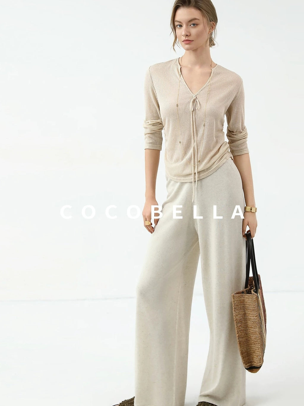 COCOBELLA Skin Friendly Slim V Neck Long Sleeve Office Workwear Plain T-Shirts