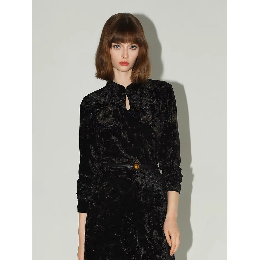 COCOBELLA_Slim_Stretch_Commuter_Stand_Collar_Buttons_Women_Long_Sleeve_Black_Gold_Shirts_MISSTT