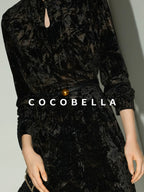 COCOBELLA Slim Stretch Commuter Stand Collar Buttons Women Long Sleeve Black Gold Shirts