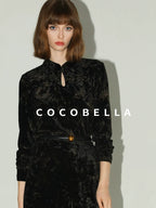 COCOBELLA Slim Stretch Commuter Stand Collar Buttons Women Long Sleeve Black Gold Shirts
