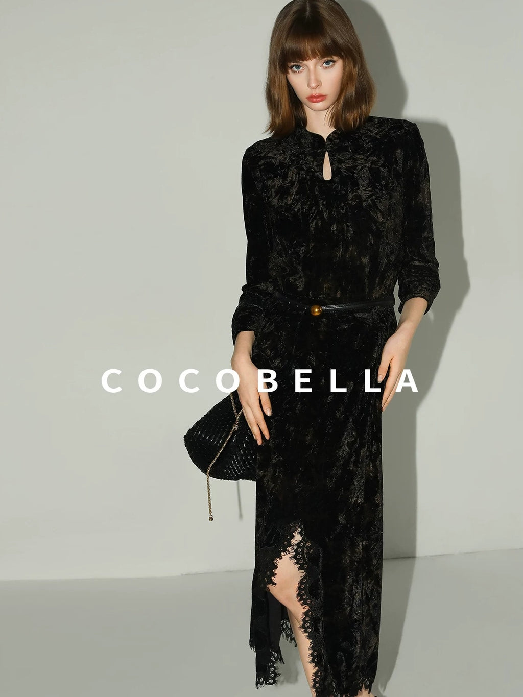 COCOBELLA Slim Stretch Commuter Stand Collar Buttons Women Long Sleeve Black Gold Shirts
